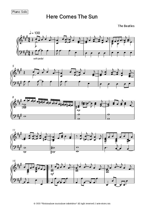 Here Comes The Sun - The Beatles Piano Sheet Music - Piano.Solo