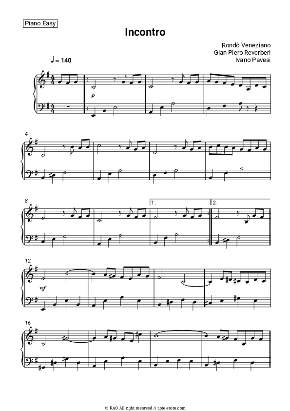 Incontro - Rondo Veneziano Piano Sheet Music Easy - Piano.Easy
