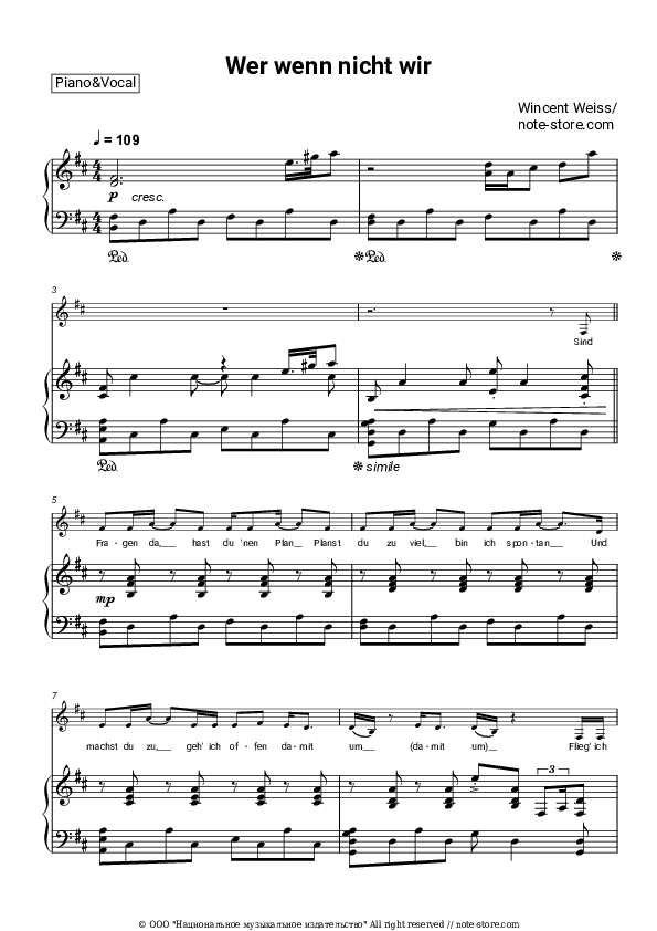 Wer wenn nicht wir - Wincent Weiss Piano Sheet Music with the Voice part - Piano&Vocal