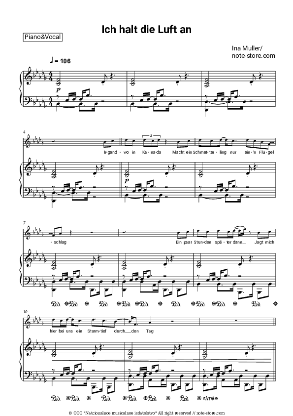 Ich halt die Luft an - Ina Müller Piano Sheet Music with the Voice part - Piano&Vocal