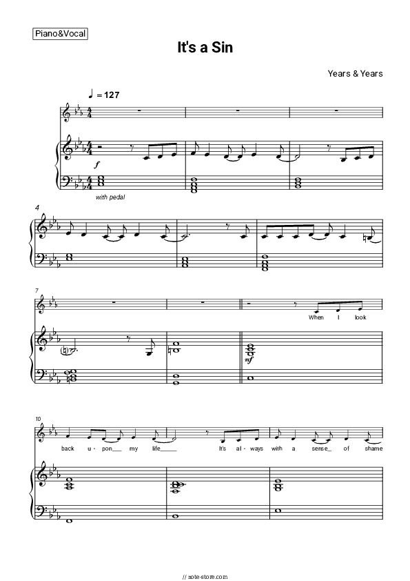 It's A Sin - Years & Years Piano Sheet Music with the Voice part - Piano&Vocal