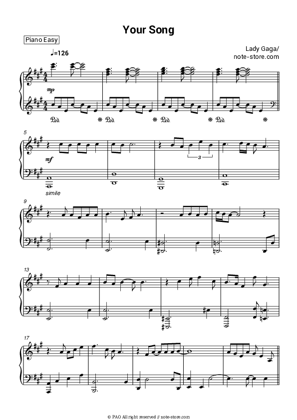 Your Song - Lady Gaga Piano Sheet Music Easy - Piano.Easy