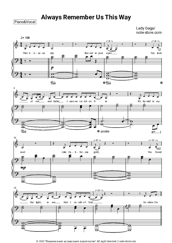 Always Remember Us This Way - Lady Gaga Piano Sheet Music with the Voice part - Piano&Vocal