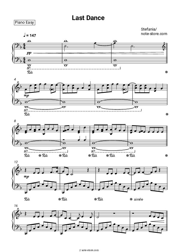 Last Dance - Stefania Piano Sheet Music Easy - Piano.Easy