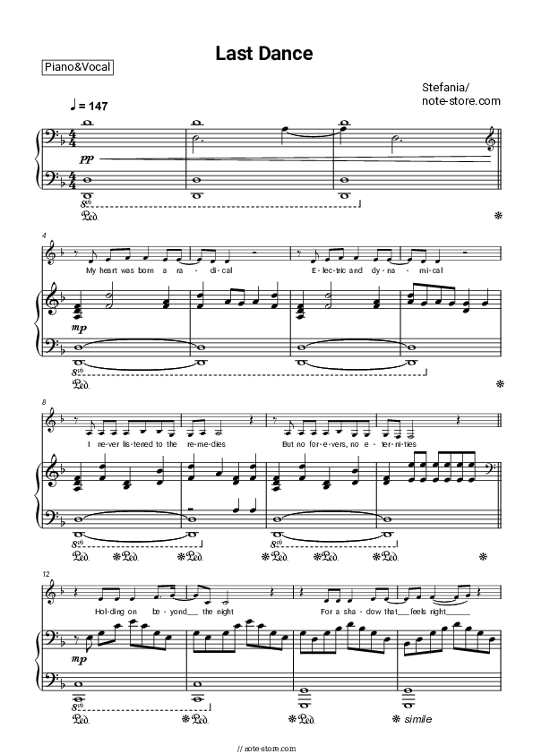 Last Dance - Stefania Piano Sheet Music with the Voice part - Piano&Vocal