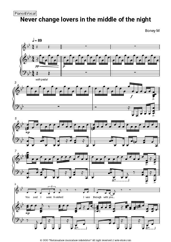 Never change lovers in the middle of the night - Boney M Piano Sheet Music with the Voice part - Piano&Vocal