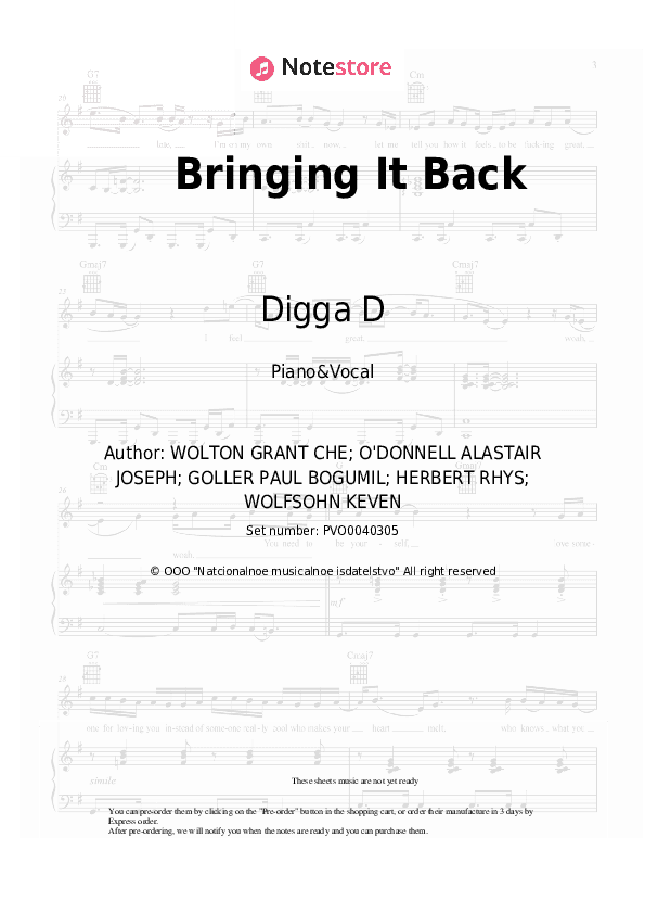 Bringing It Back - Digga D, AJ Tracey Piano Sheet Music with the Voice part - Piano&Vocal