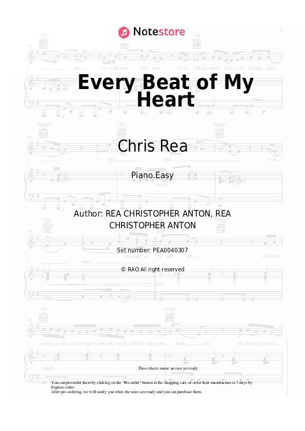 Every Beat of My Heart - Chris Rea Piano Sheet Music Easy - Piano.Easy