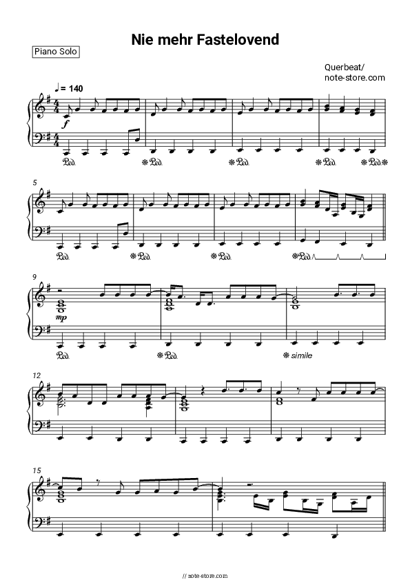 Nie mehr Fastelovend - Querbeat Piano Sheet Music - Piano.Solo