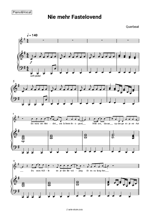 Nie mehr Fastelovend - Querbeat Piano Sheet Music with the Voice part - Piano&Vocal