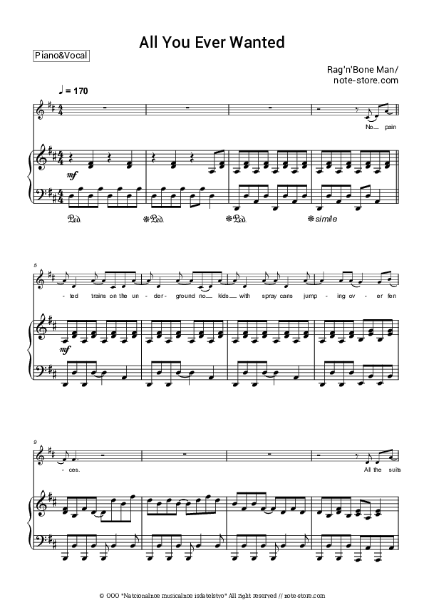 All You Ever Wanted - Rag'n'Bone Man Piano Sheet Music with the Voice part - Piano&Vocal