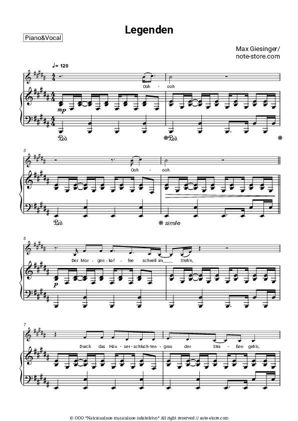 Legenden - Max Giesinger Piano Sheet Music with the Voice part - Piano&Vocal