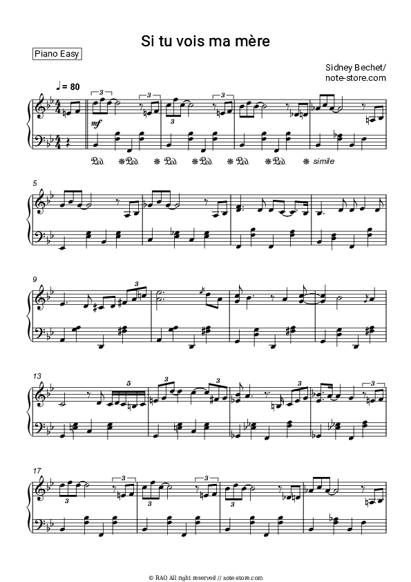 Si tu vois ma mère - Sidney Bechet Piano Sheet Music Easy - Piano.Easy