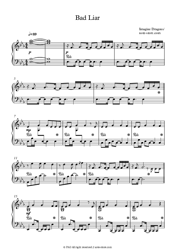 Bad Liar - Imagine Dragons Piano Sheet Music - Piano.Solo