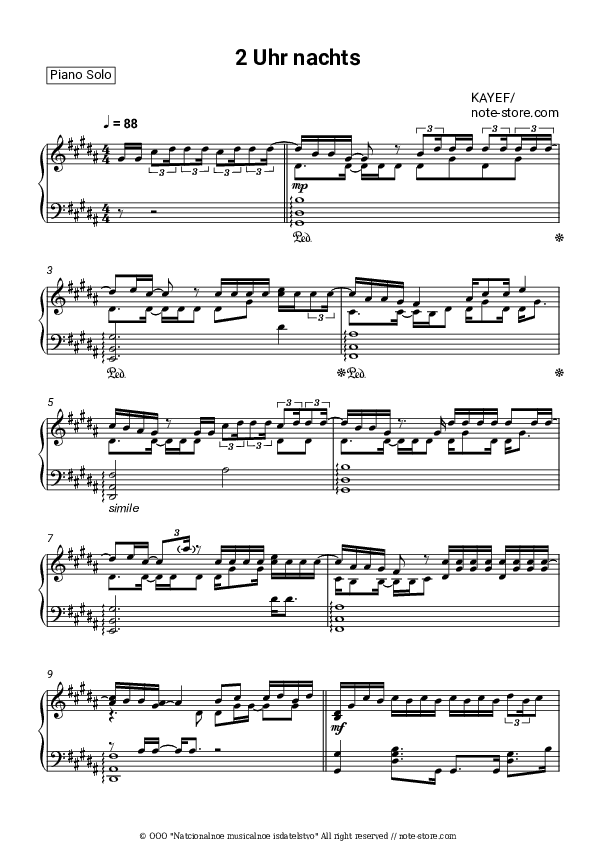 2 Uhr nachts - KAYEF Piano Sheet Music - Piano.Solo