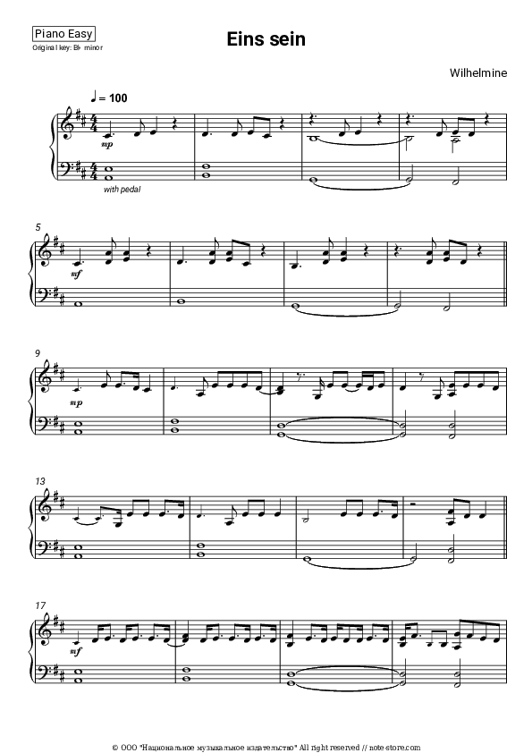 Eins sein - Wilhelmine Piano Sheet Music Easy - Piano.Easy