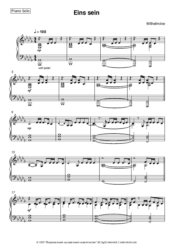 Eins sein - Wilhelmine Piano Sheet Music - Piano.Solo