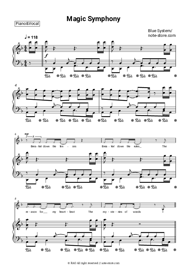 Magic Symphony - Blue System Piano Sheet Music with the Voice part - Piano&Vocal