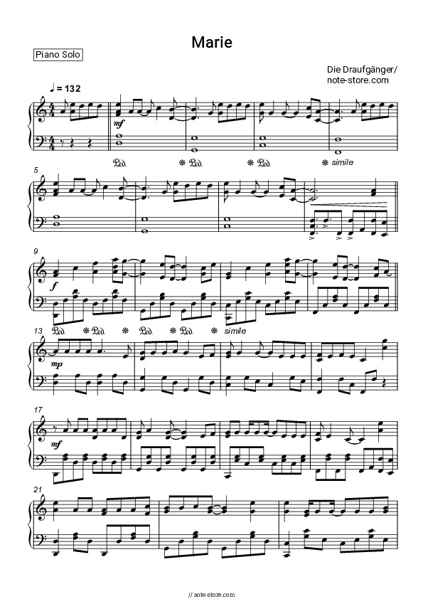 Marie - Die Draufgänger Piano Sheet Music - Piano.Solo