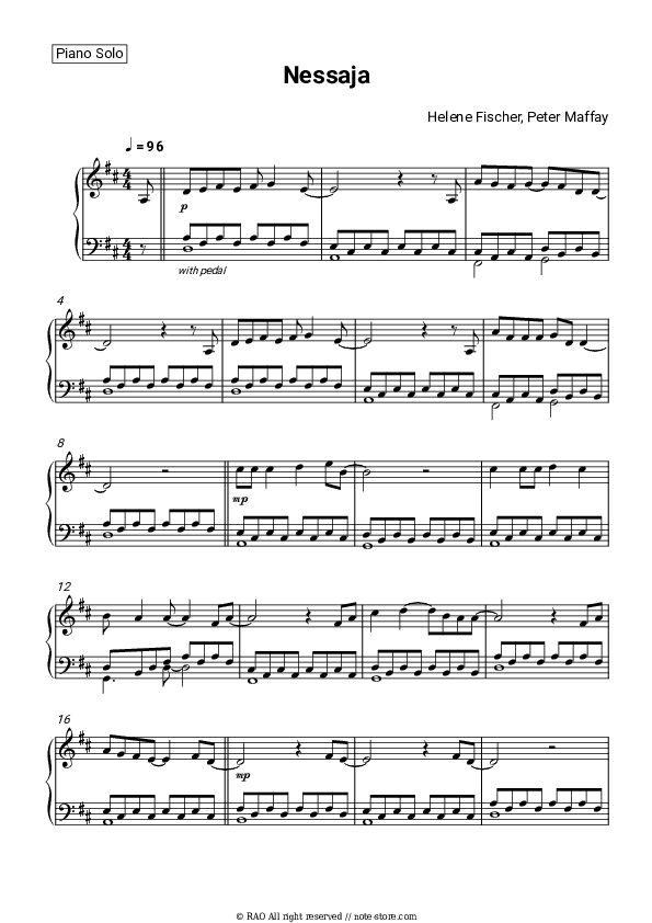 Nessaja - Helene Fischer, Peter Maffay Piano Sheet Music - Piano.Solo