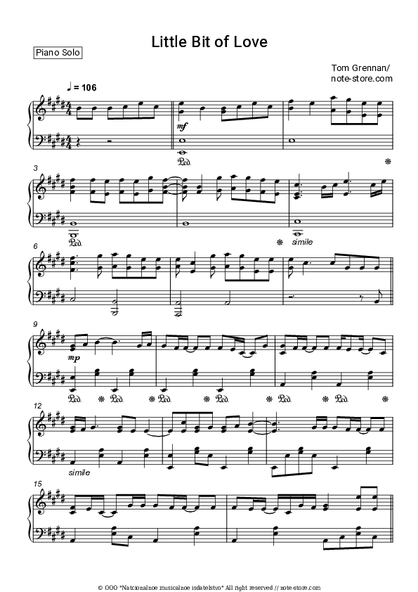 Little Bit of Love - Tom Grennan Piano Sheet Music - Piano.Solo