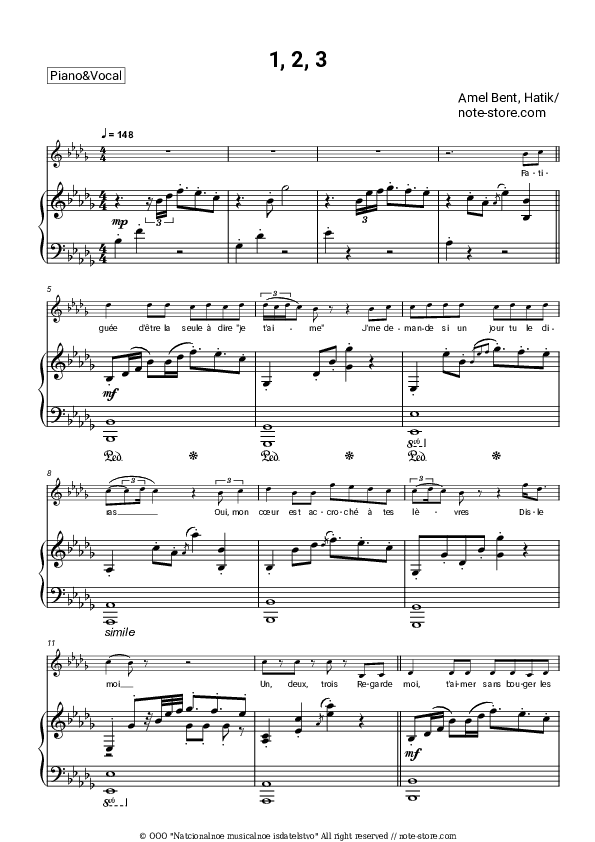 1,2,3 - Amel Bent, Hatik Piano Sheet Music with the Voice part - Piano&Vocal