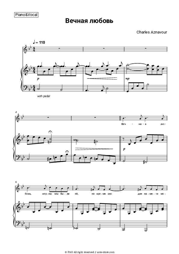 Une vie d'amour - Charles Aznavour Piano Sheet Music with the Voice part - Piano&Vocal