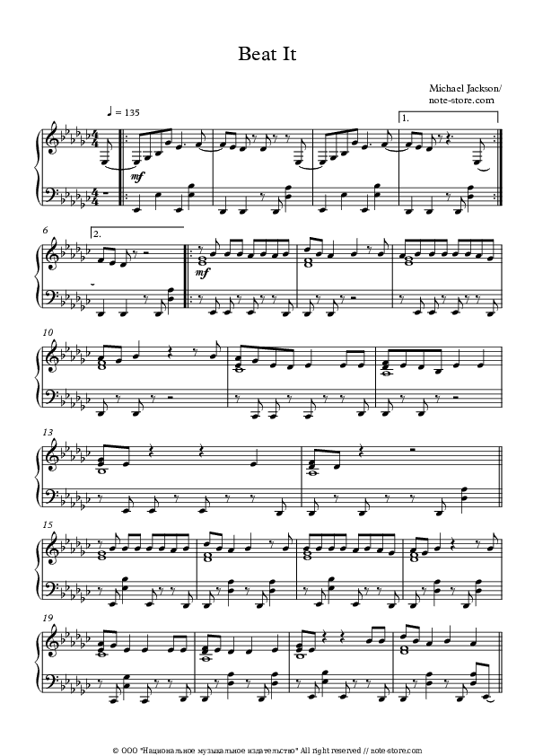 Beat It - Michael Jackson Piano Sheet Music - Piano.Solo