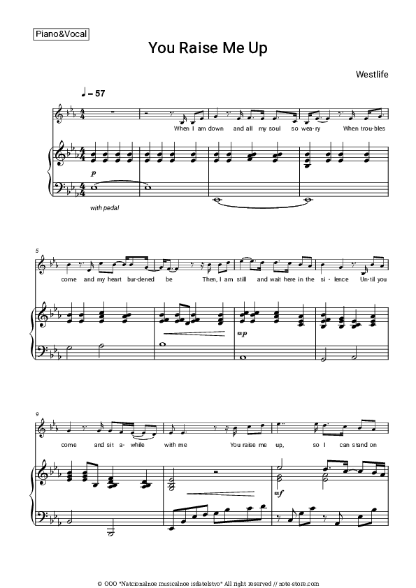 You Raise Me Up - Westlife Piano Sheet Music with the Voice part - Piano&Vocal