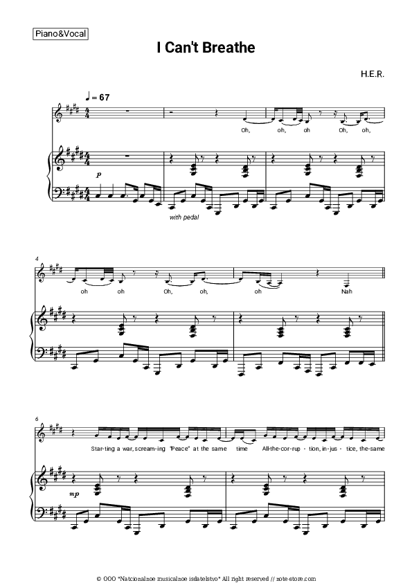 I Can't Breathe - H.E.R. Piano Sheet Music with the Voice part - Piano&Vocal