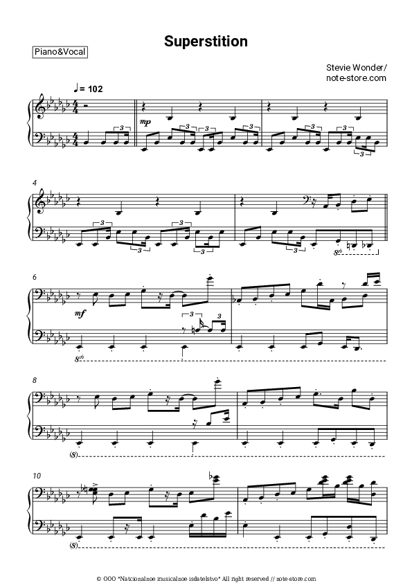 Superstition - Stevie Wonder Piano Sheet Music with the Voice part - Piano&Vocal