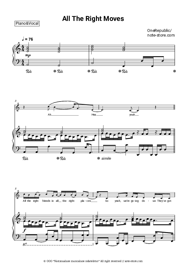 All The Right Moves - OneRepublic Piano Sheet Music with the Voice part - Piano&Vocal