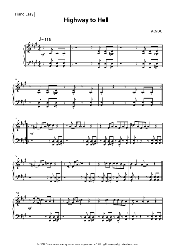 Highway to Hell - AC/DC Piano Sheet Music Easy - Piano.Easy