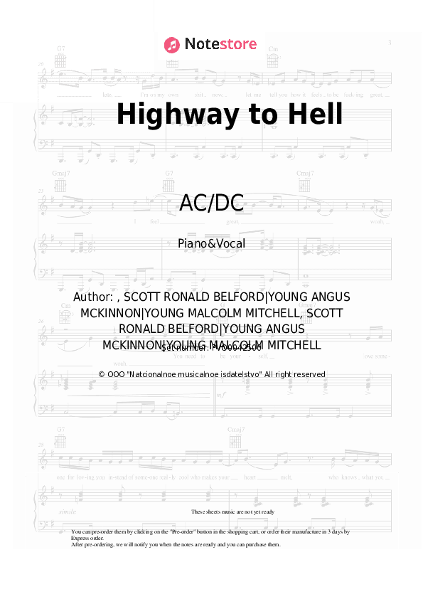 Highway to Hell - AC/DC Piano Sheet Music with the Voice part - Piano&Vocal