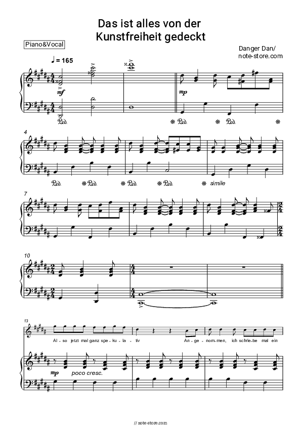 Das ist alles von der Kunstfreiheit gedeckt - Danger Dan Piano Sheet Music with the Voice part - Piano&Vocal