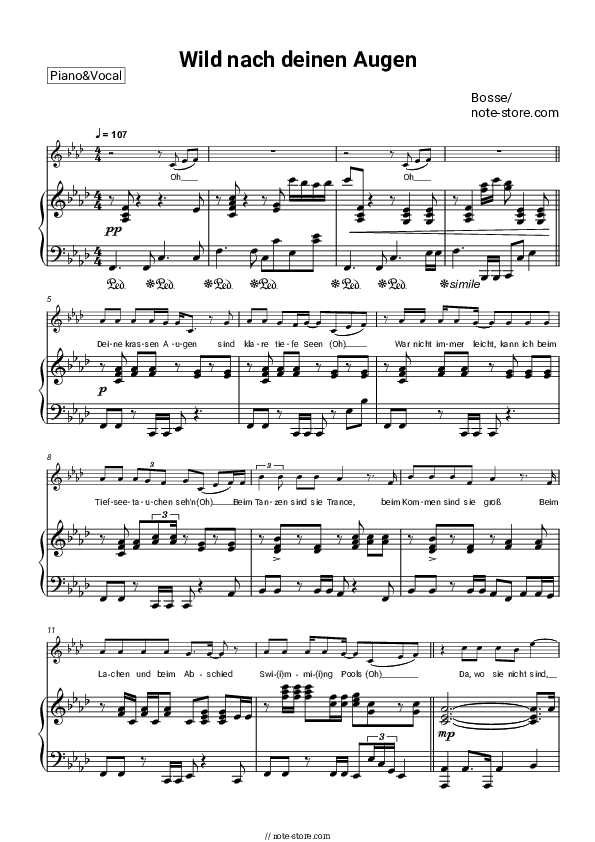 Wild nach deinen Augen - Bosse Piano Sheet Music with the Voice part - Piano&Vocal