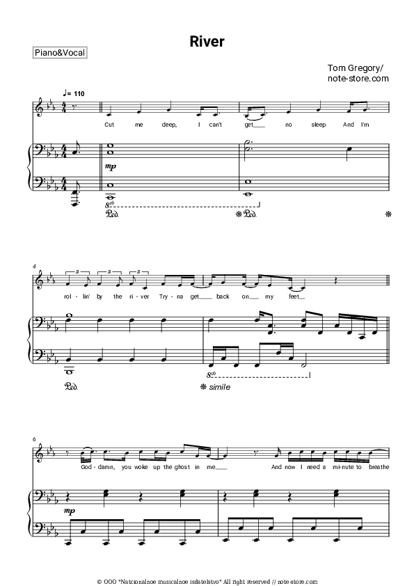 River - Tom Gregory Piano Sheet Music with the Voice part - Piano&Vocal