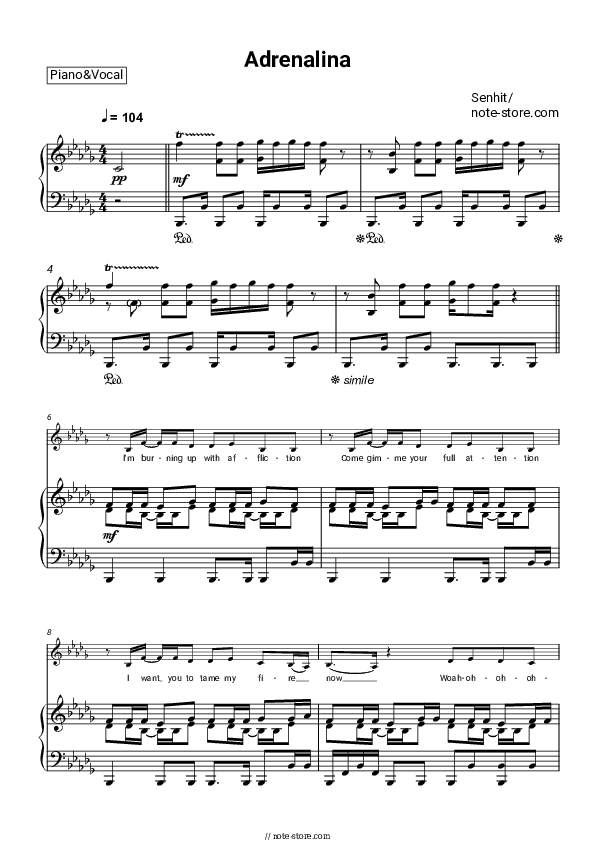 Adrenalina - Senhit Piano Sheet Music with the Voice part - Piano&Vocal