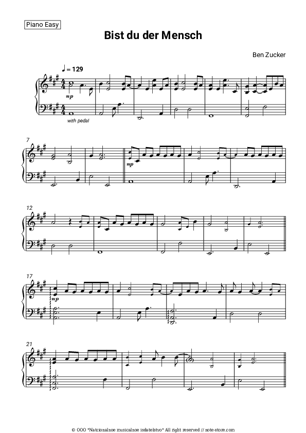 Bist du der Mensch - Ben Zucker Piano Sheet Music Easy - Piano.Easy