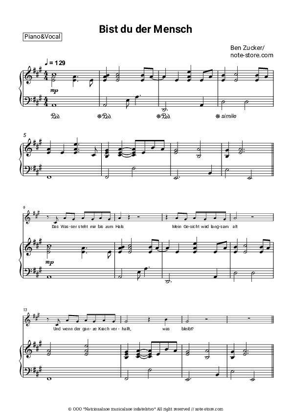 Bist du der Mensch - Ben Zucker Piano Sheet Music with the Voice part - Piano&Vocal