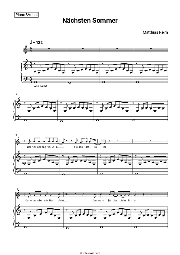 Nächsten Sommer - Matthias Reim Piano Sheet Music with the Voice part - Piano&Vocal