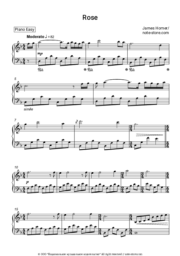 Rose (Titanic Soundtracks) - James Horner Piano Sheet Music Easy - Piano.Easy