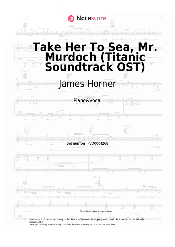 Take Her To Sea, Mr. Murdoch (Titanic Soundtrack OST) - James Horner Piano Sheet Music with the Voice part - Piano&Vocal