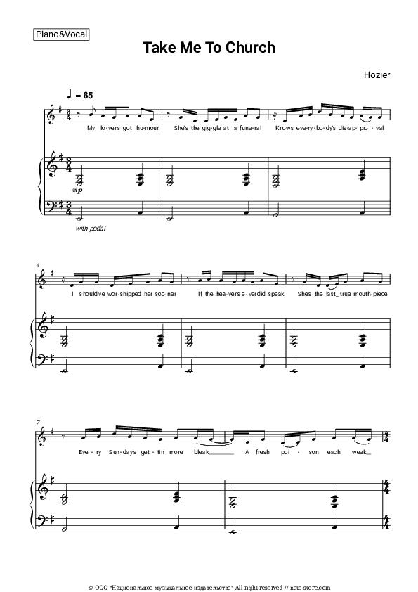 Take me to church - Hozier Piano Sheet Music with the Voice part - Piano&Vocal