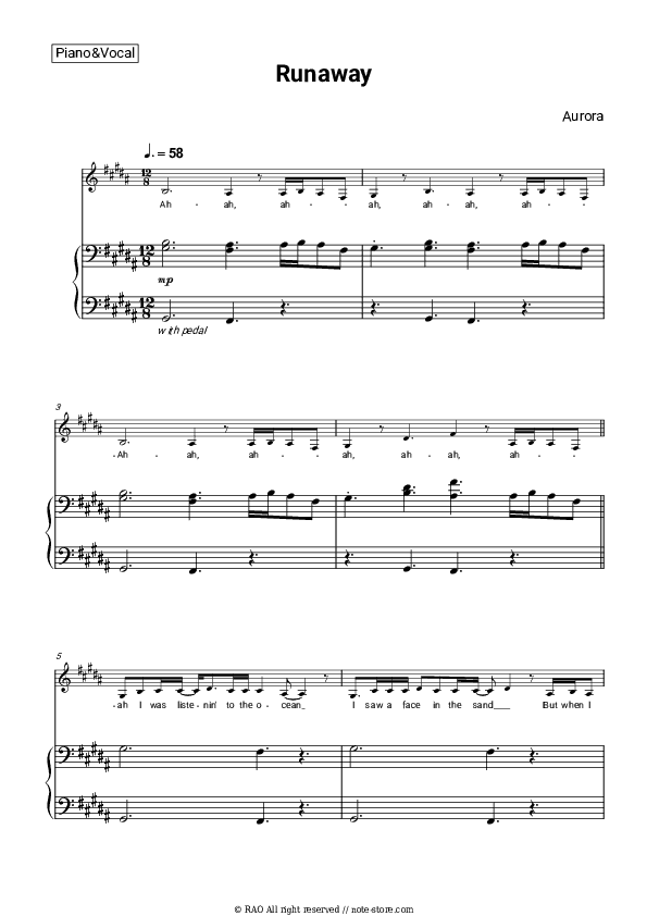 Runaway - AURORA Piano Sheet Music with the Voice part - Piano&Vocal