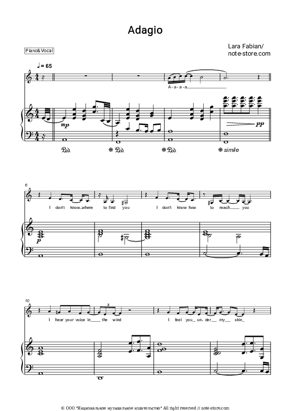 Adagio - Lara Fabian Piano Sheet Music with the Voice part - Piano&Vocal