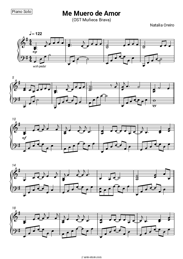 Me Muero de Amor (OST Muñeca Brava) - Natalia Oreiro Piano Sheet Music - Piano.Solo
