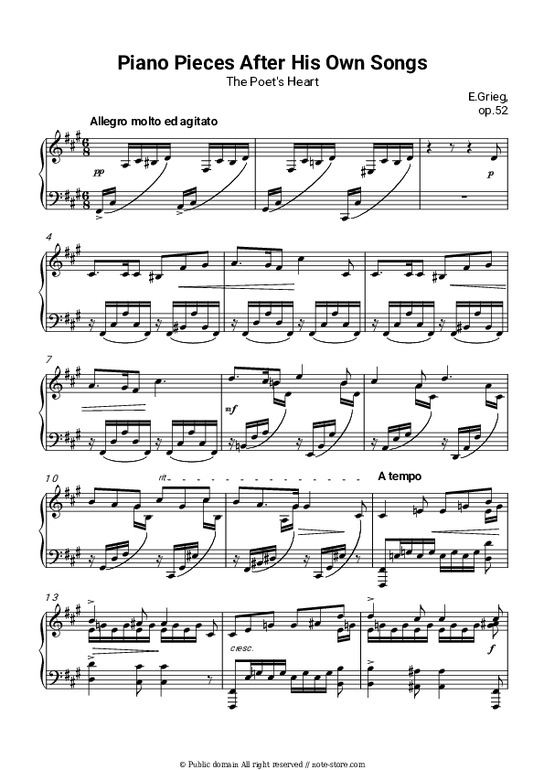 Des Dichters Herz, op. 52 No. 3 - Edvard Hagerup Grieg Piano Sheet Music - Piano.Solo