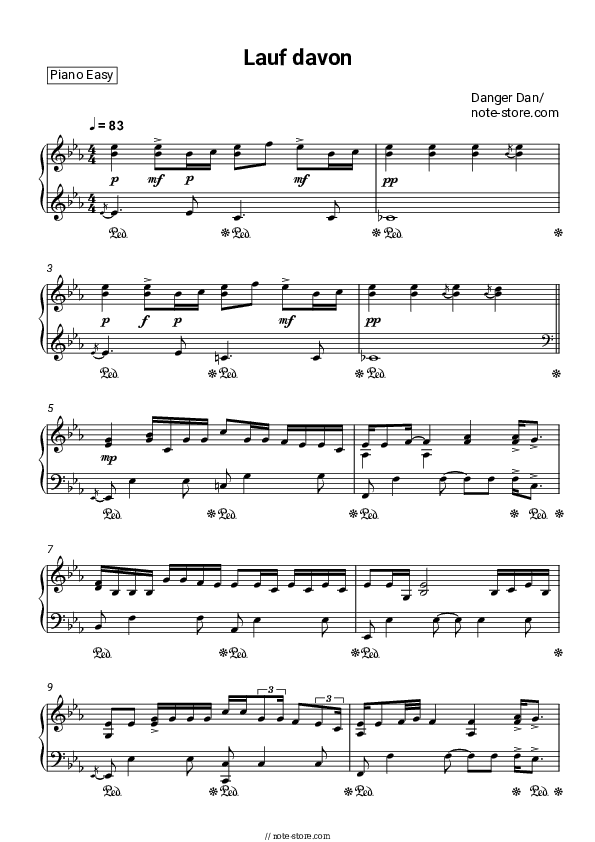 Lauf davon - Danger Dan Piano Sheet Music Easy - Piano.Easy