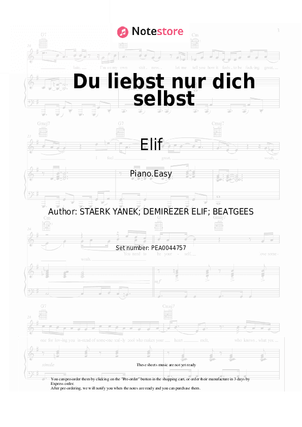 Du liebst nur dich selbst - Elif Piano Sheet Music Easy - Piano.Easy